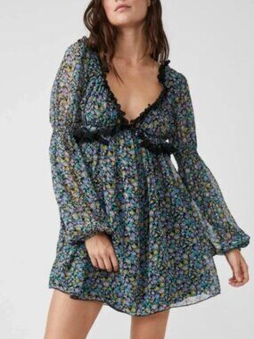 Free People Brand Size Small Pennie Mini Dress Blue Black Floral Combo